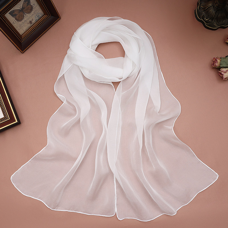 上海故事白色小丝丝巾夏季真丝桑蚕蚕丝长条围巾围巾