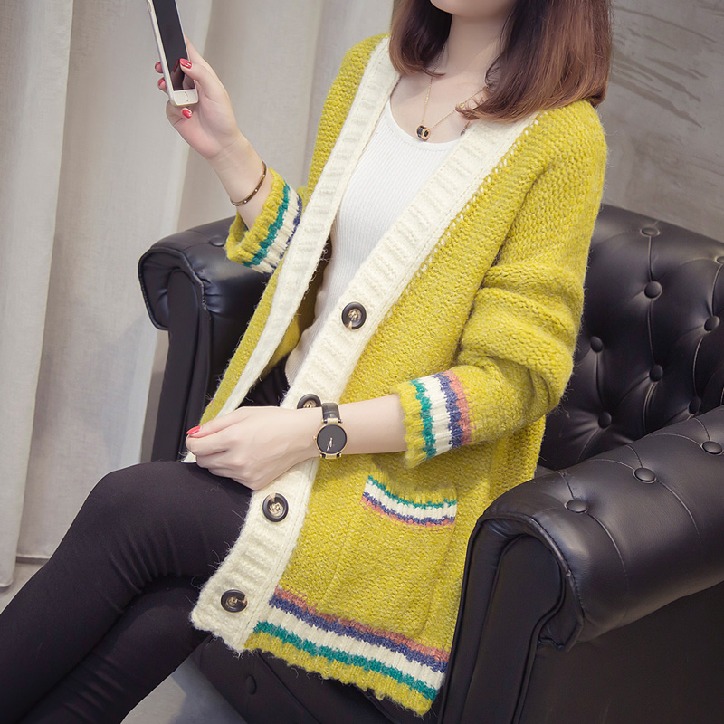 中长慵懒针织衫女开衫春秋装外搭拼色韩版宽松毛衣
