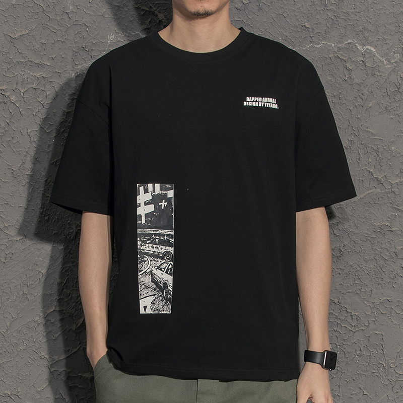 2021夏季漫画印花T恤男士宽松国潮圆领短袖ins情侣潮牌上衣半袖男