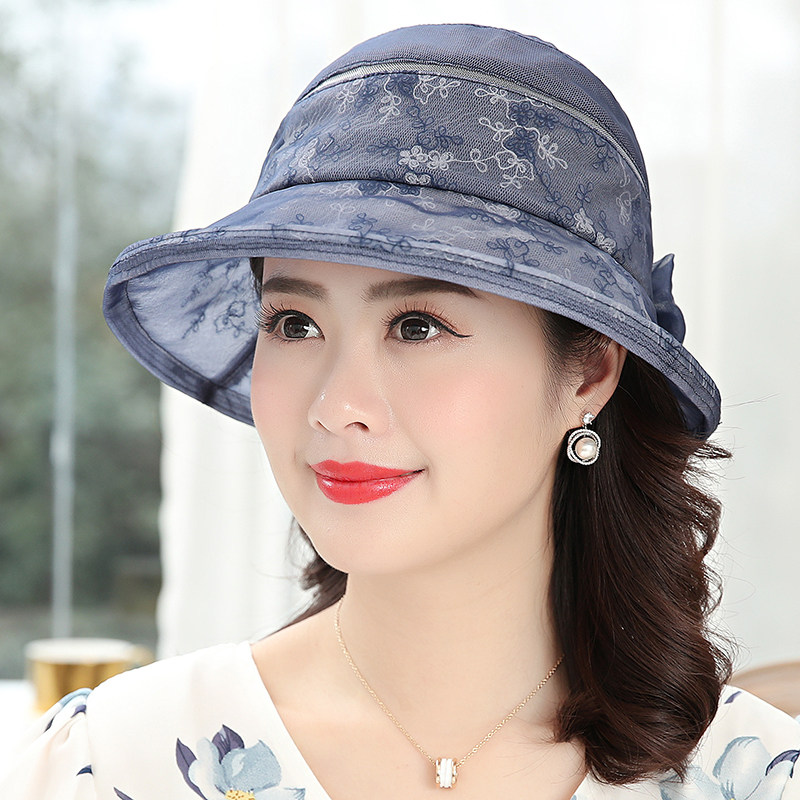 中老年帽子子女夏天遮阳帽可折叠真丝防晒太阳帽中年帽子
