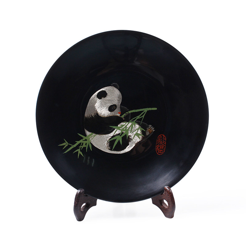 成都漆器竹叶单熊猫熊猫圆盘中式家居装饰工艺品客厅漆器