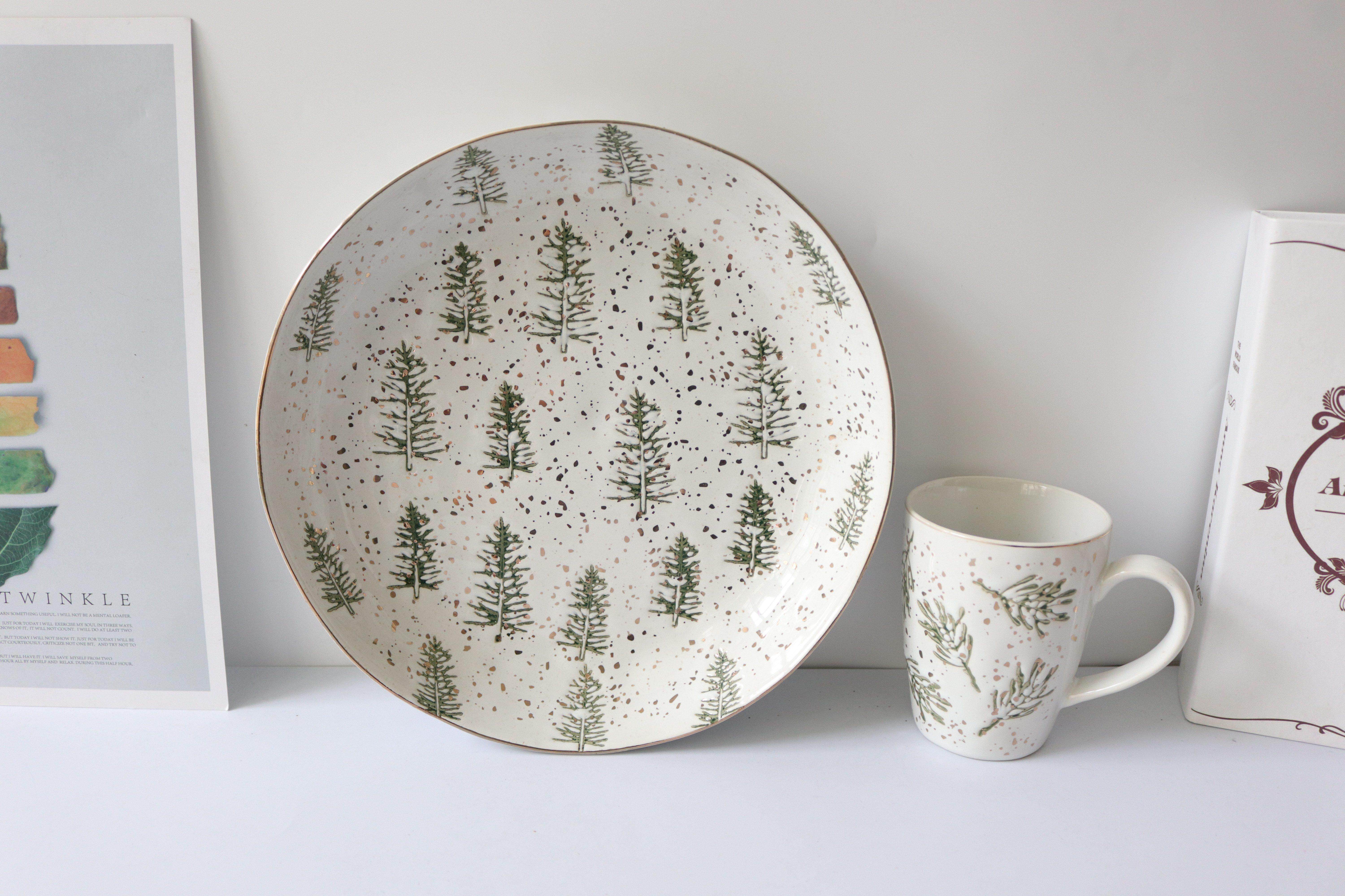 出口手捏不规则质感奢华金粉圣诞树陶瓷汤盘马克盘