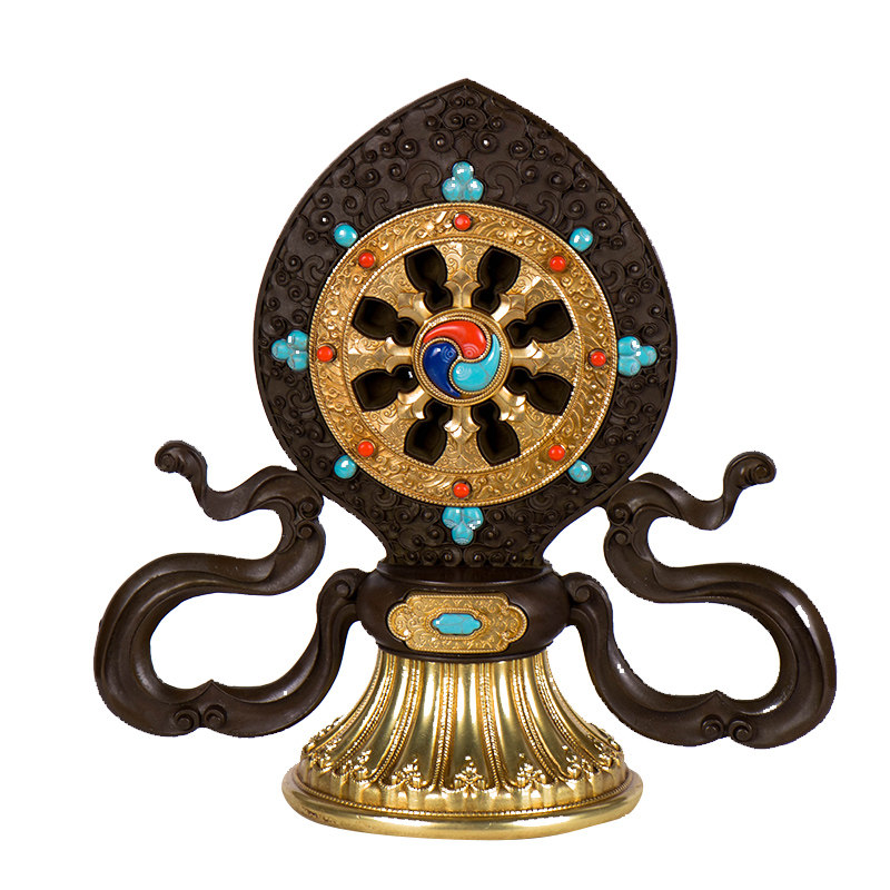 藏村法轮摆件藏传佛教用品密宗供奉佛堂供佛纯铜鎏金吉祥八宝金轮