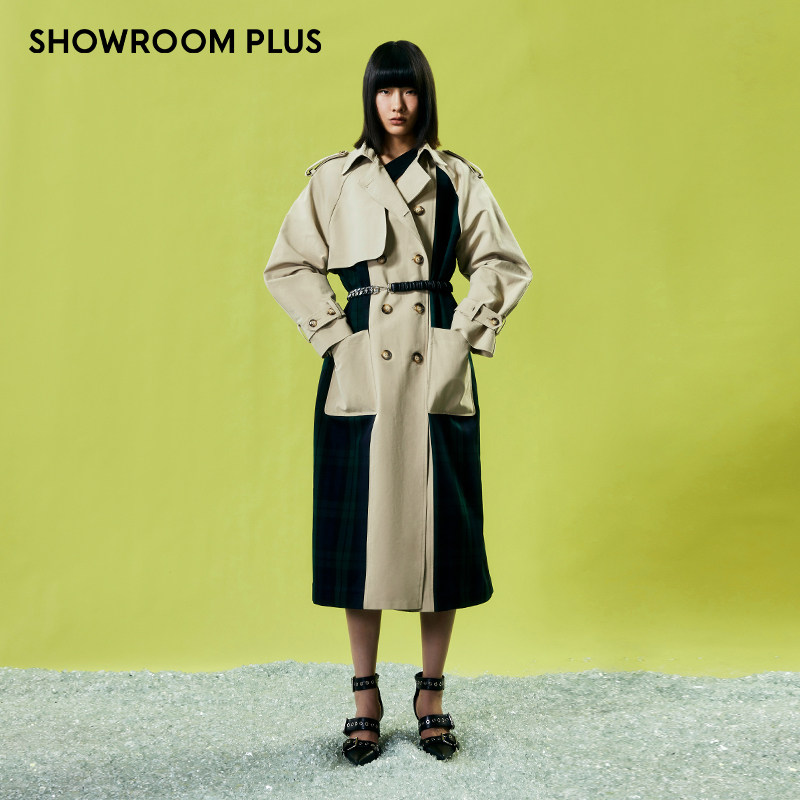 showroomplus2021秋冬新款皮革拼接撞色风衣中长款高级感大衣外套