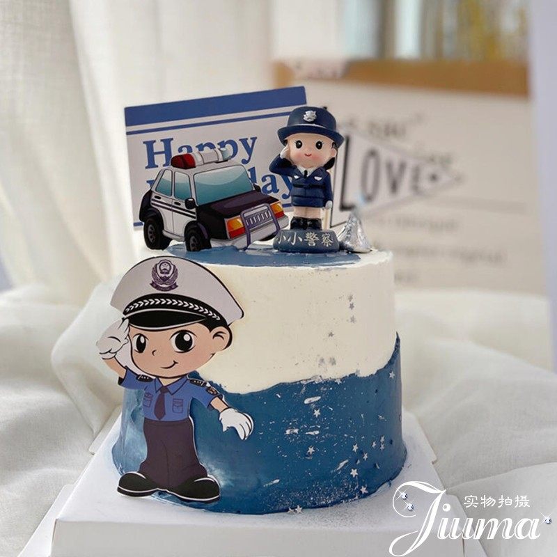 警察蛋糕装饰摆件警车插件生日快乐乐插建军节节日装扮用品