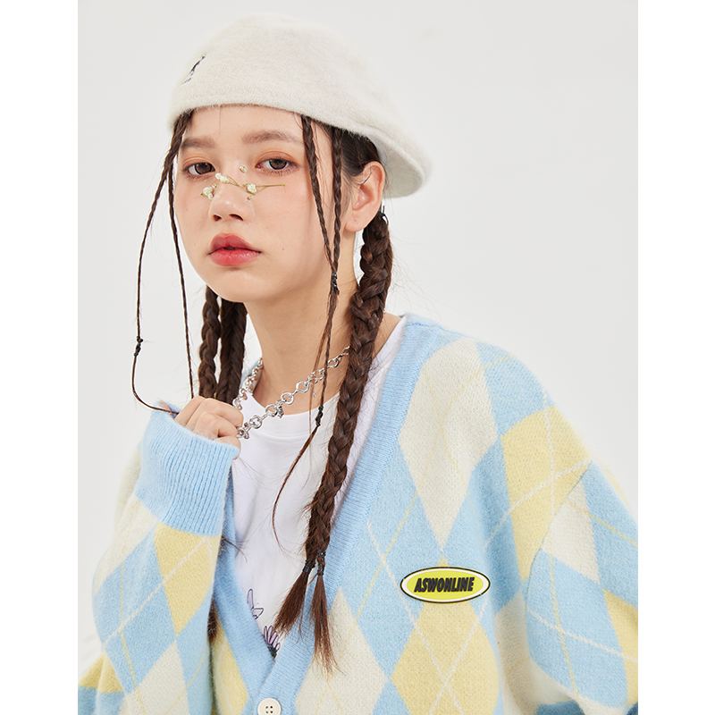 【王晨艺同款】ASWONLINE格子针织开衫外套宽松V领休闲毛衣情侣春