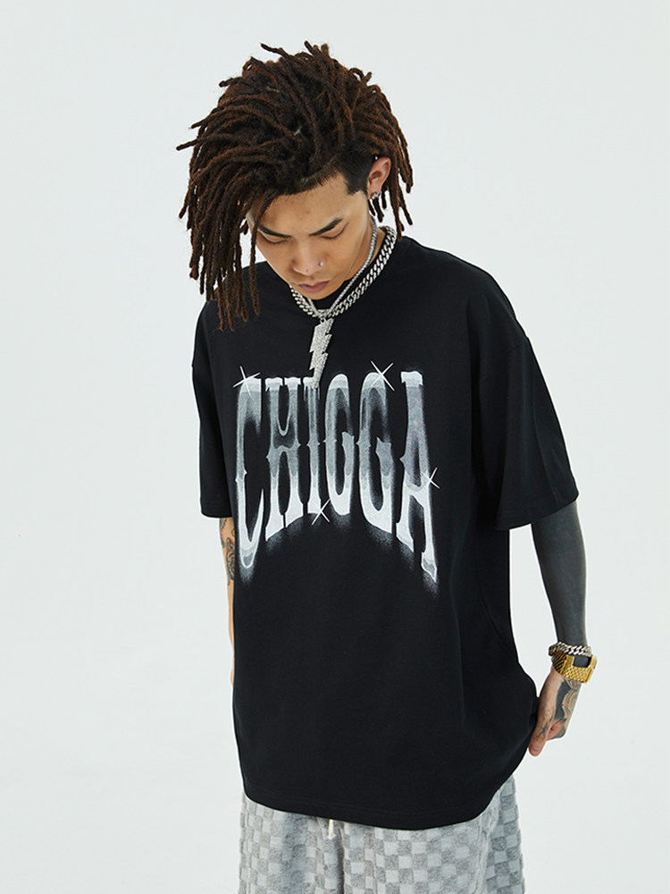 chigga黄鬼夏季幻影骨架短袖宽松落肩圆领潮牌t恤