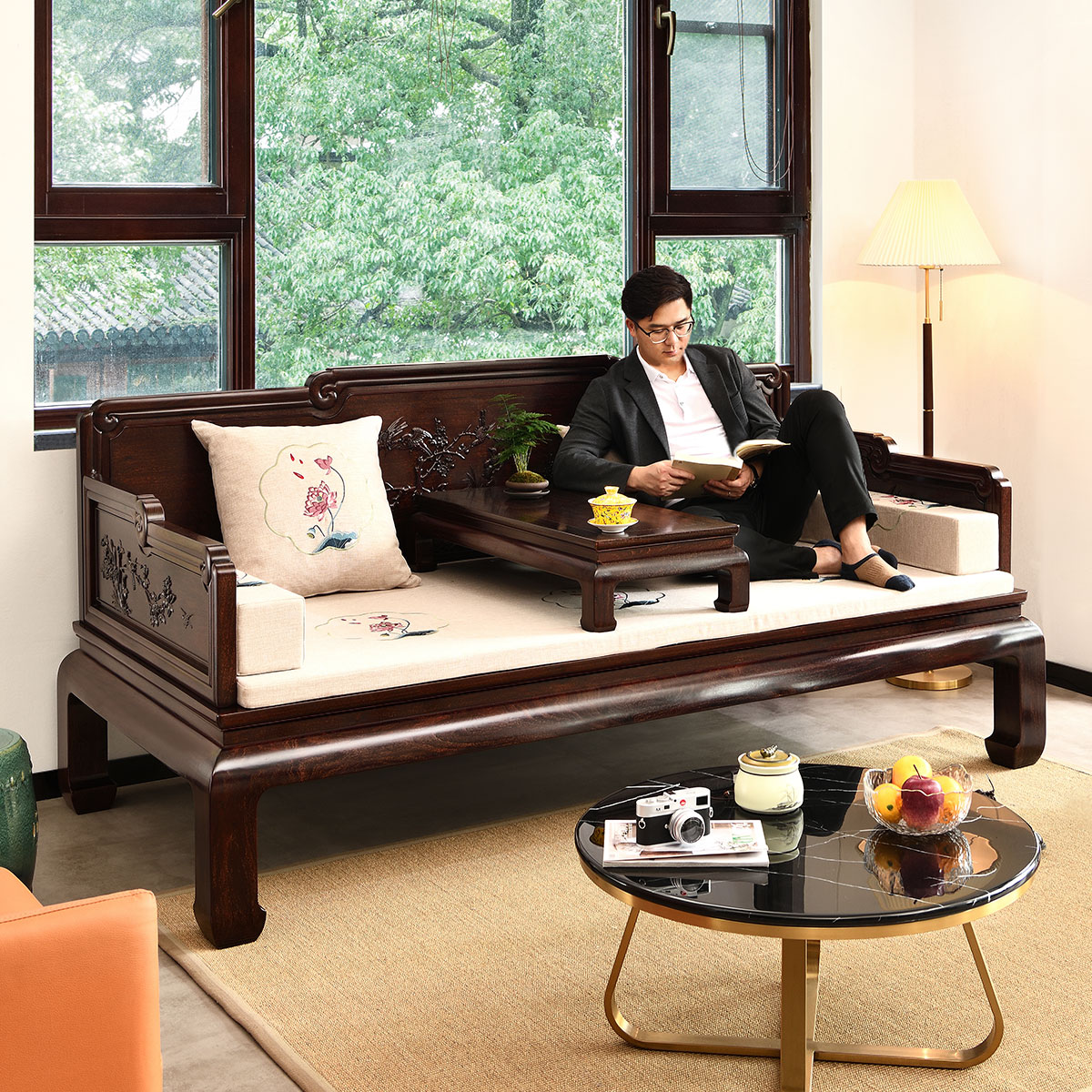 罗汉苏素明式红木家具赞比亚血檀红木中式午睡客厅罗汉床