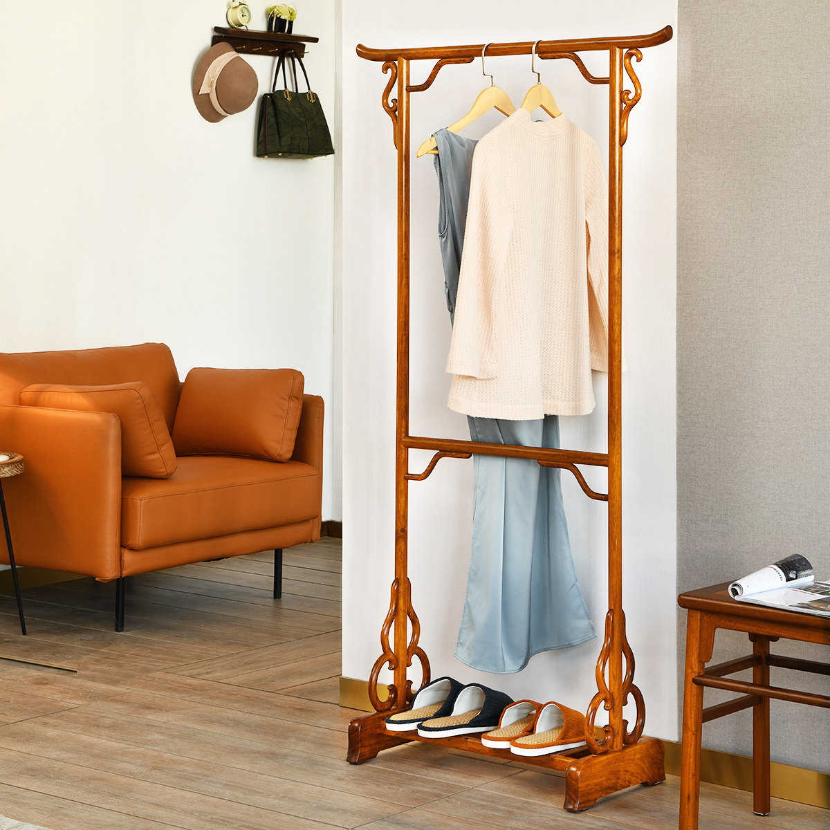 苏素私人订制缅甸花梨木衣衣帽架卧室中式落地衣帽架