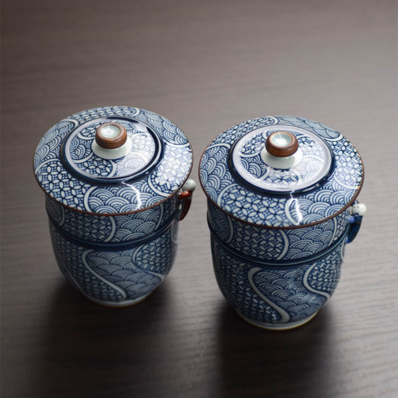 现货日本有田烧木盒盒装青花纹饰夫妻杯带茶杯茶杯