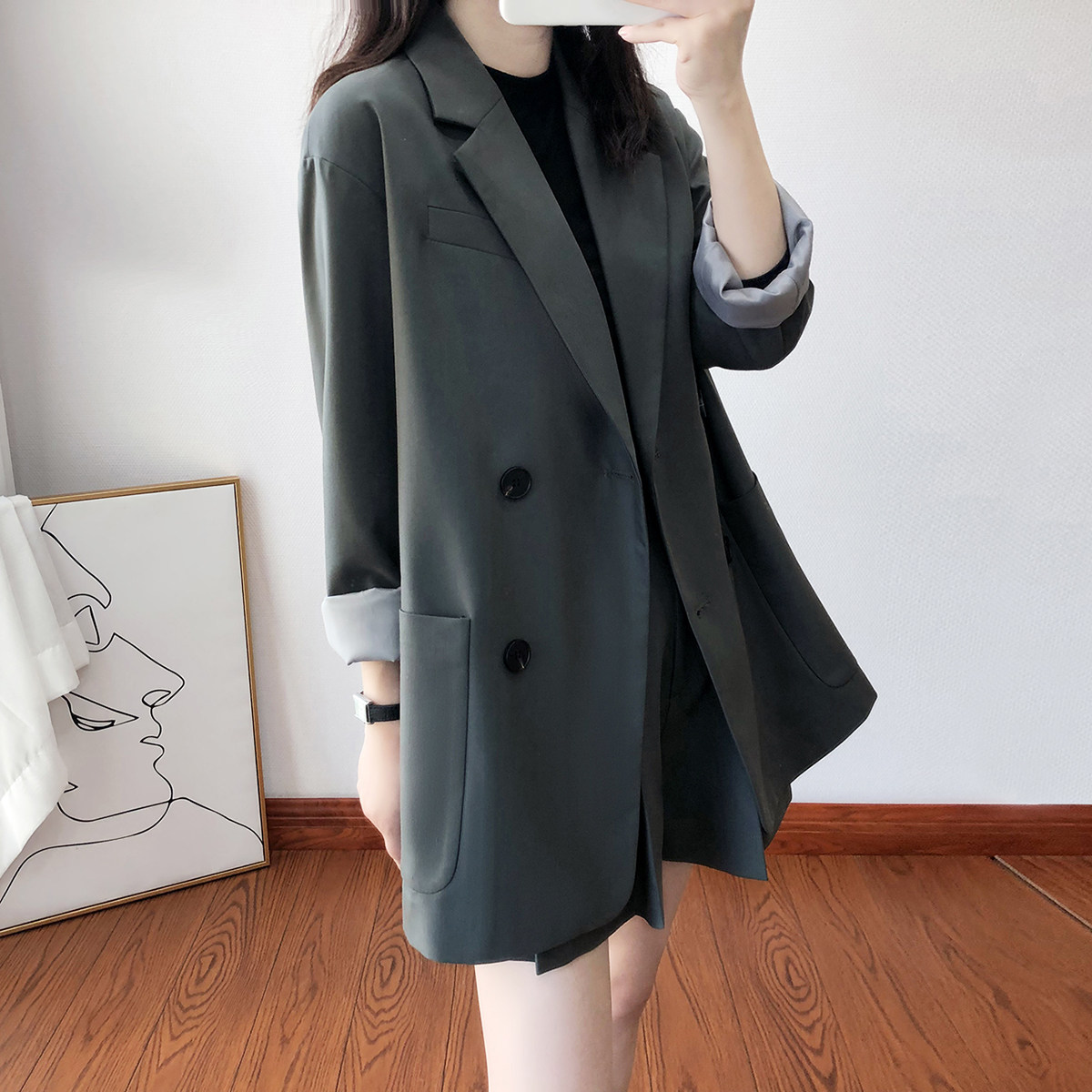 休闲高档气质小西装外套女2020春装新款韩国显瘦双排扣长袖短款女