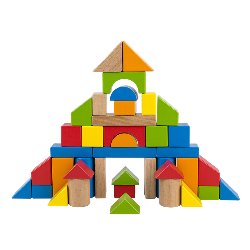 hape彩虹榉木积木40粒宝宝大颗粒木头1-6岁儿童木制益智拼装玩具