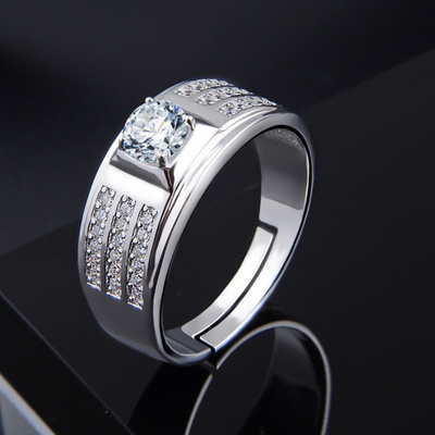 纯银男士施华镶钻18k白金结婚戒指霸气大方戒指