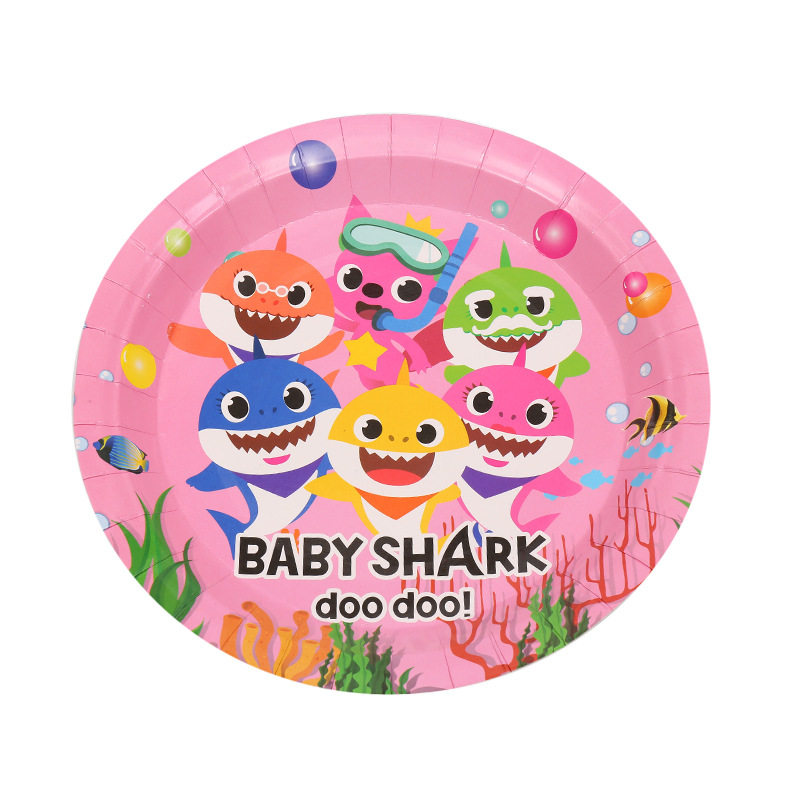 粉色鲨鱼鱼宝宝babyshark纸杯纸盘刀叉吸管吹龙角色扮演类用品