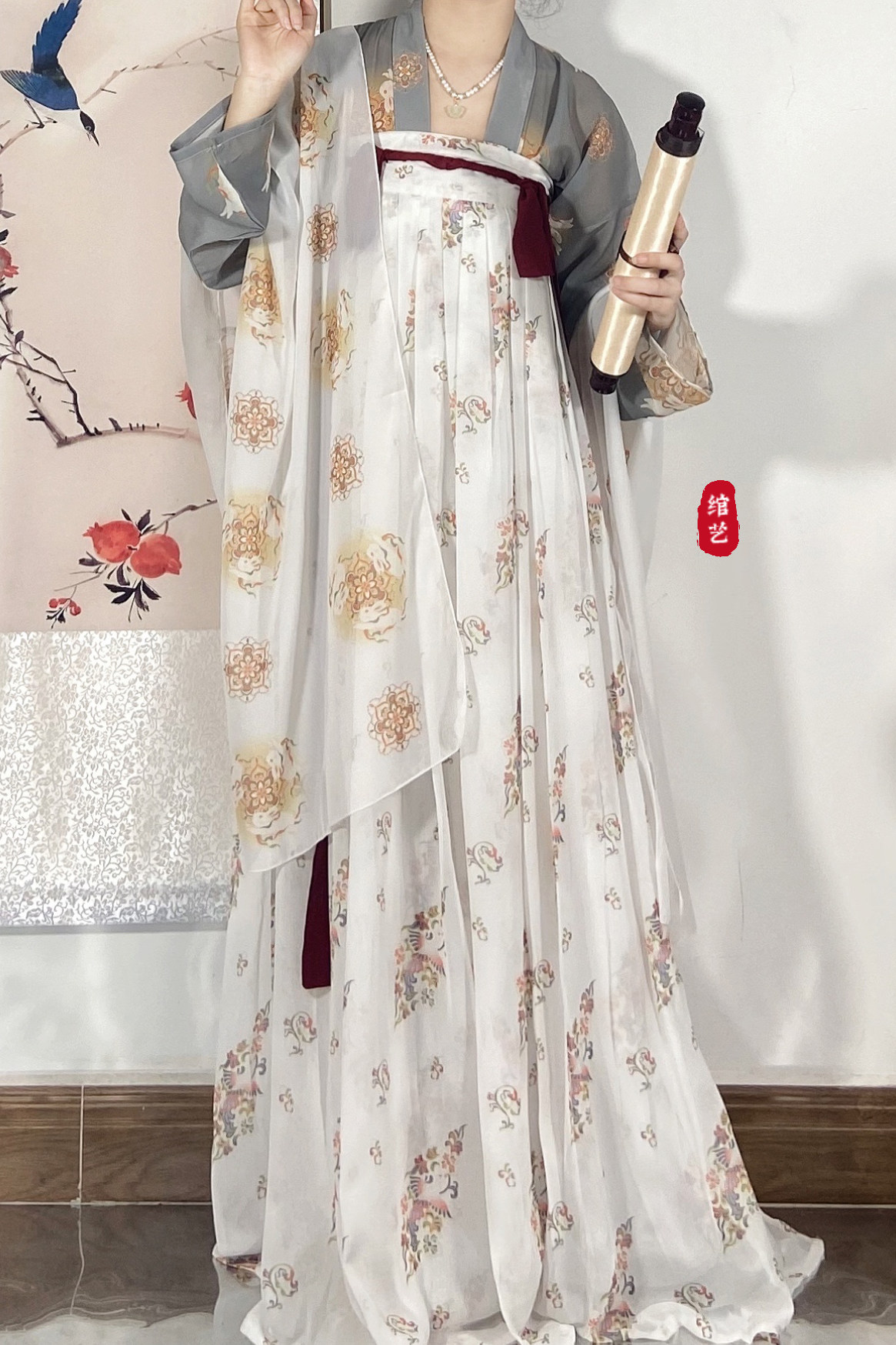 现货 岁余 唐制对襟上杉印花一片式齐胸下裙披帛传统汉服