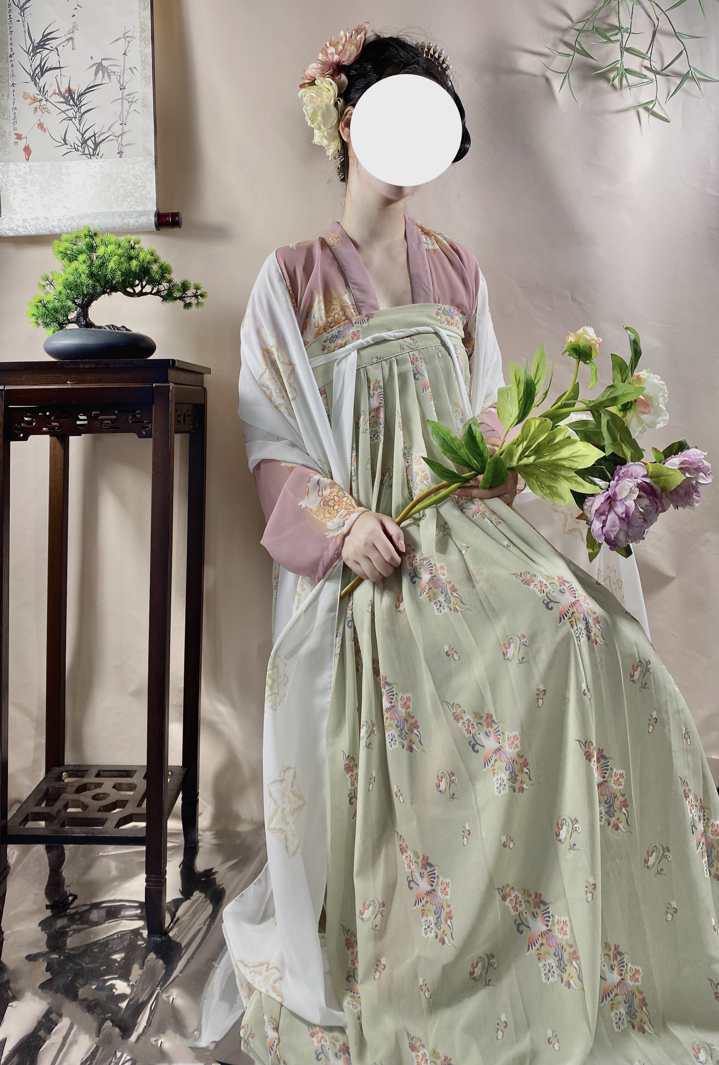 现货 岁余 唐制对襟上杉印花一片式齐胸下裙披帛传统汉服