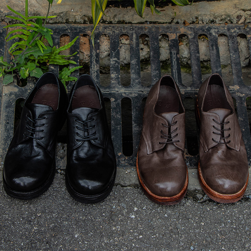 周莹简约日系固特异手工水洗做旧翘头皮鞋厚底休闲皮鞋