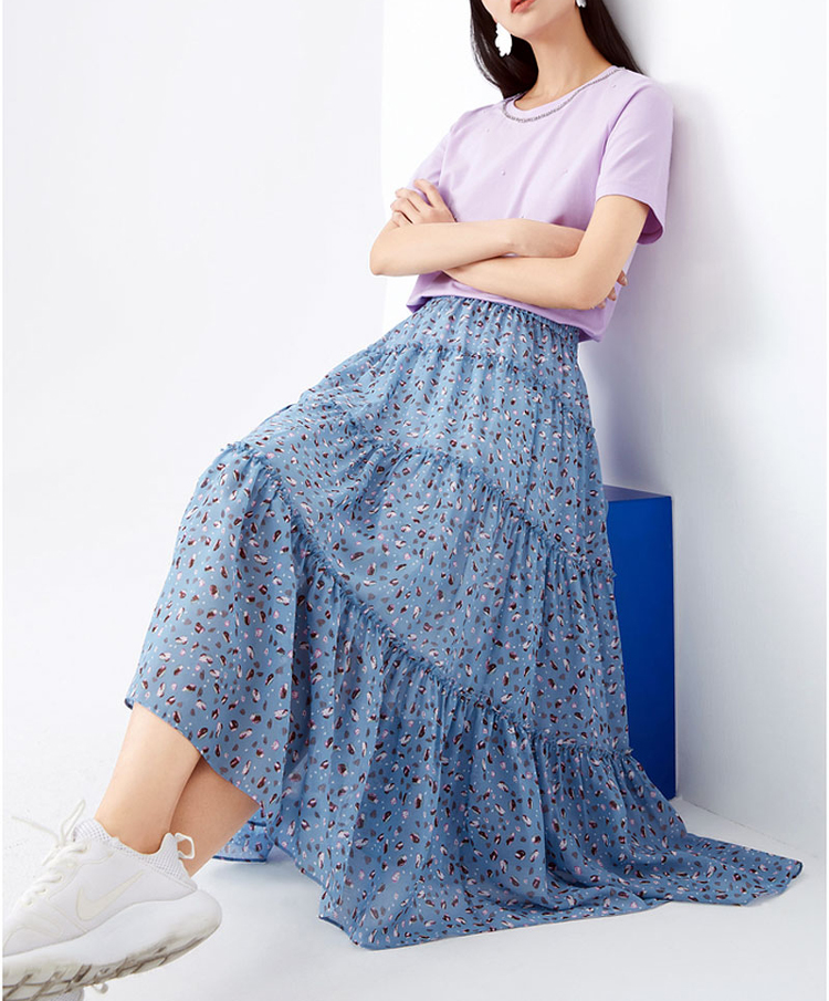 夏季中长百搭玖姿天蓝色惊艳碎花高腰雪纺拼接半身裙