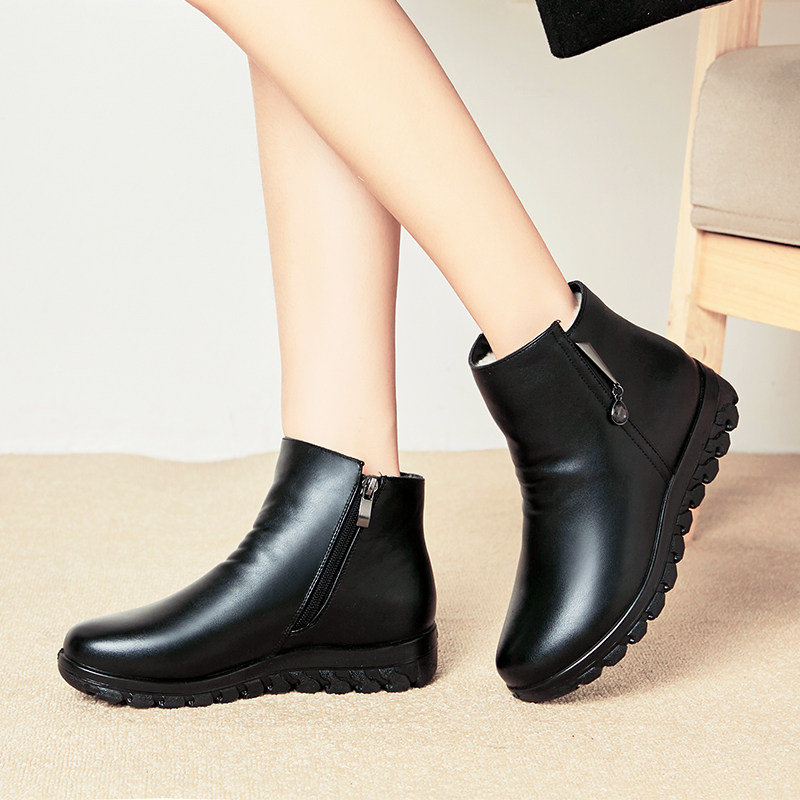 棉靴女冬季保暖加绒短靴冬鞋加厚妈妈棉鞋平底中年女靴女式棉皮鞋