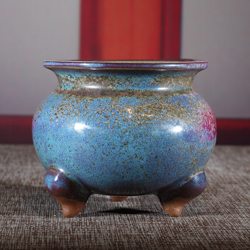 香炉钧瓷摆件卢钧陶瓷中式家用室内供奉三足香薰炉