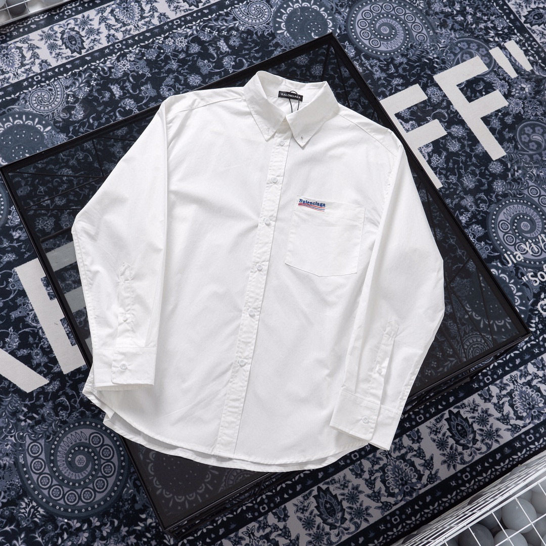 高定blcg早秋经典胸口口袋可乐海浪刺绣logo衬衫