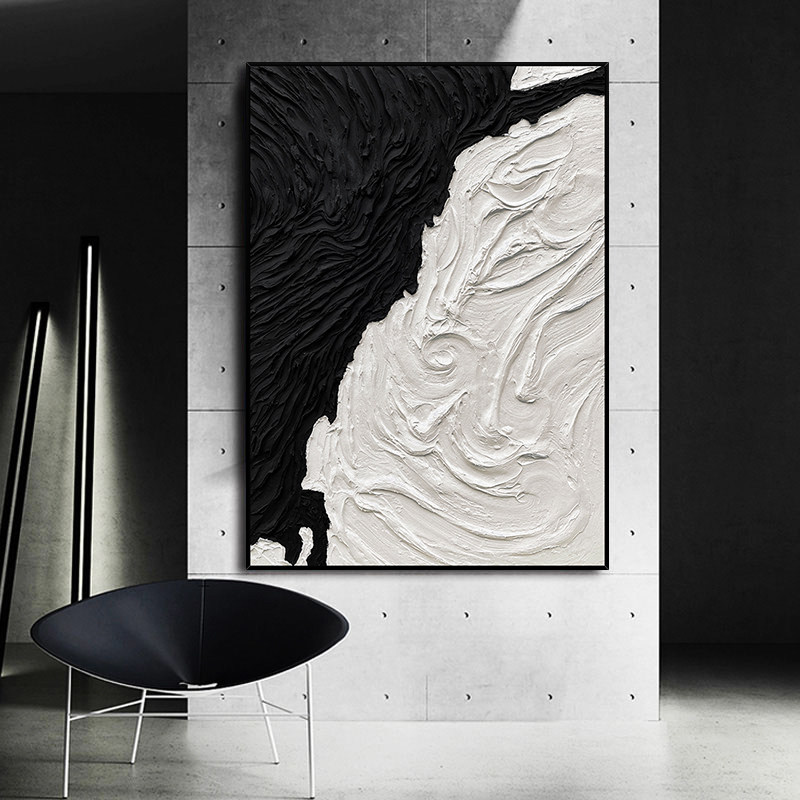 手绘抽象油画现代简约黑白交融立体肌理玄关过道油画