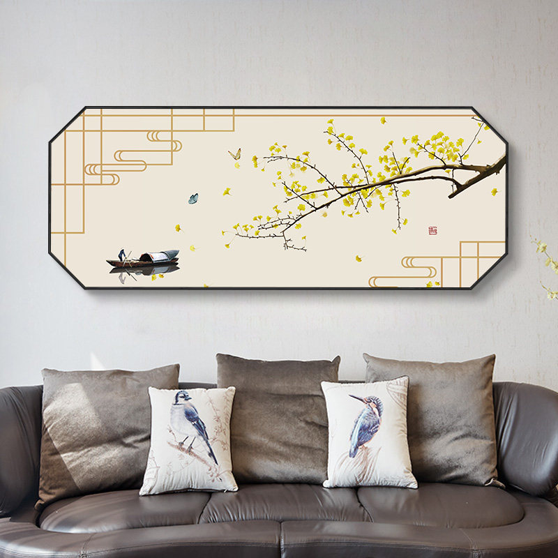 中国背景墙八边形横幅床头客厅禅意沙发国风中式现代装饰画