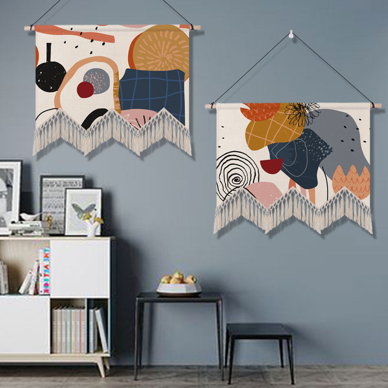 北欧ins流苏挂毯抽象插画房间挂布床头布艺挂毯