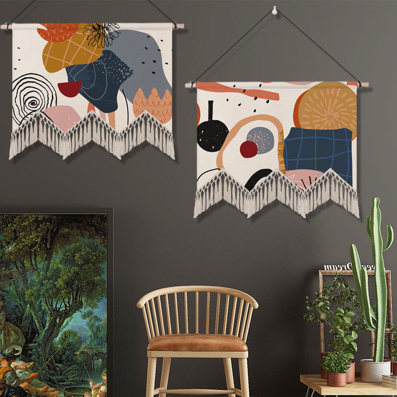 北欧ins流苏挂毯抽象插画房间挂布床头布艺挂毯