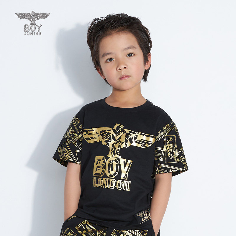 boylondon童装2020夏季新男女童短袖满印经典烫金印花宽松t恤8041