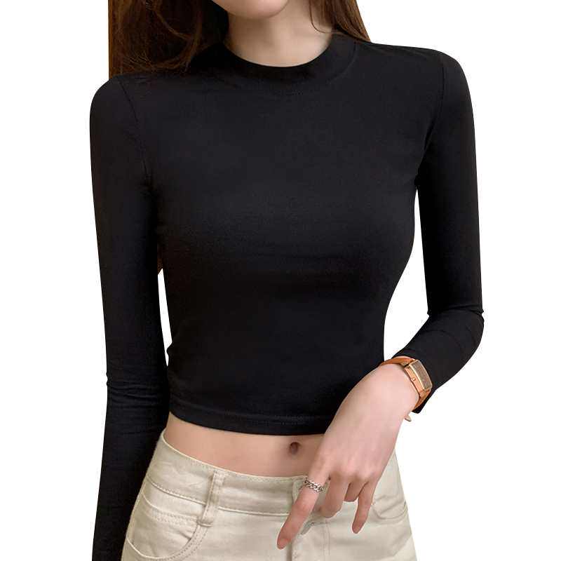 长袖t恤露脐上衣女修身半高领黑色短款高腰漏肚脐秋冬打底衫女潮