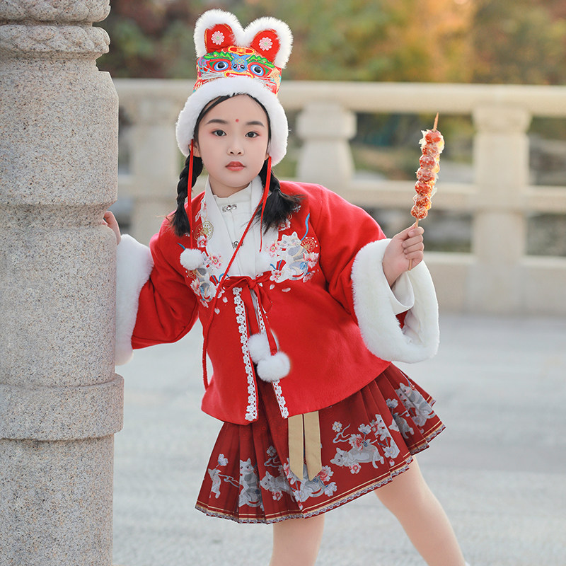 总角汉服元日原创改良良马面长短裙加绒长短汉服