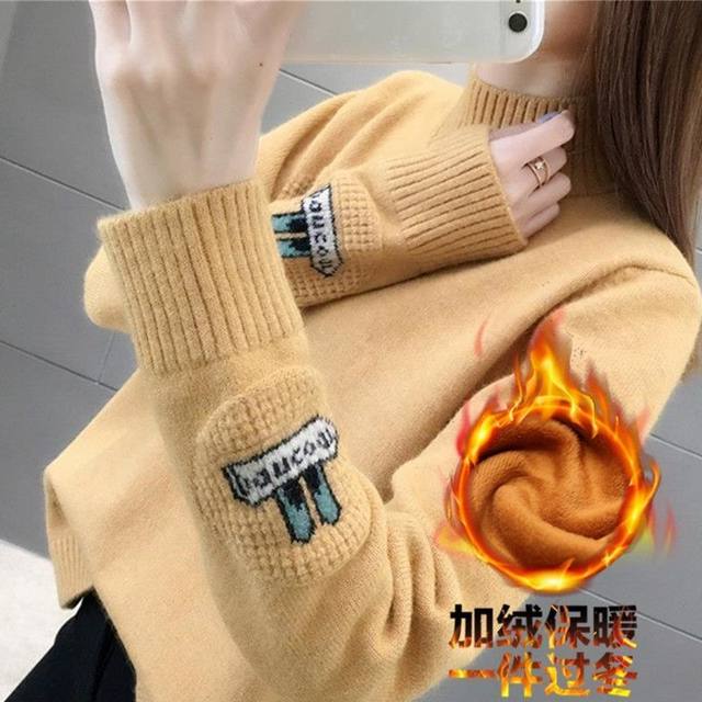 Plus velvet thick autumn and winter new Korean version of the half-high collar long sleeve cover wild short loose knit sweater female Plus velvet thick autumn and winter new Korean version of the half-high collar long sleeve cover wild short loose knit sweater female