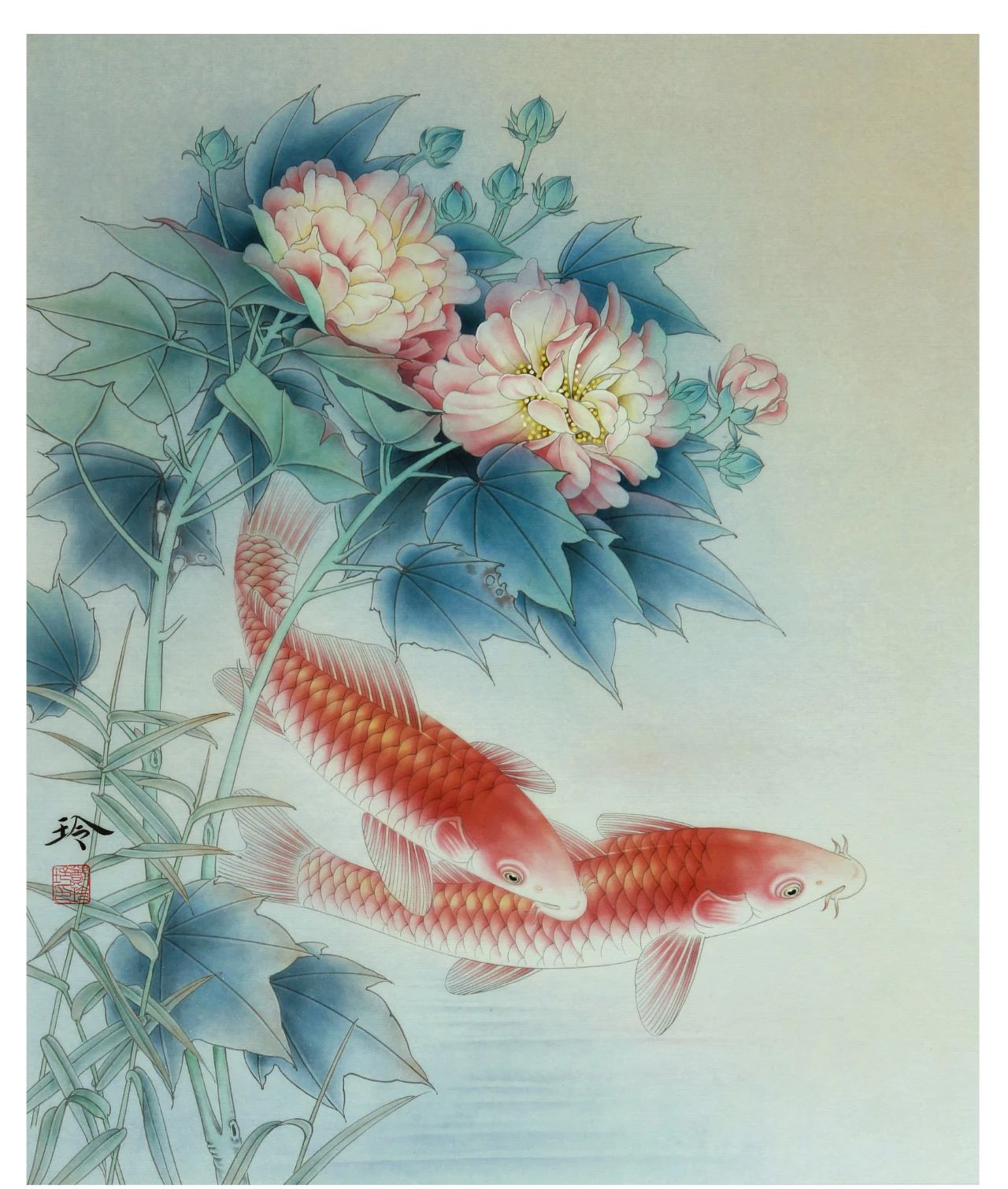 工笔画底稿鱼稿牡丹鲤鱼竖副白描打印稿宣纸有步骤国画