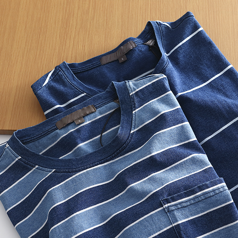 法国整单货 外贸男装尾货夏季时尚休闲水洗纯棉条纹海魂短袖T恤潮