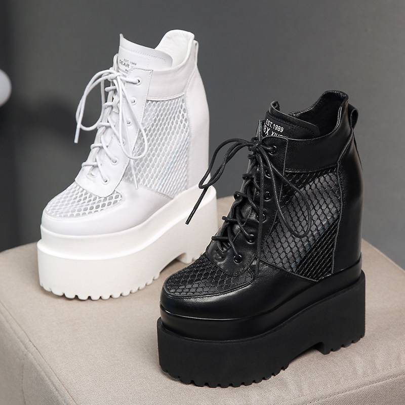 春夏季16厘米内增高女鞋真皮网纱透气厚底超高单鞋