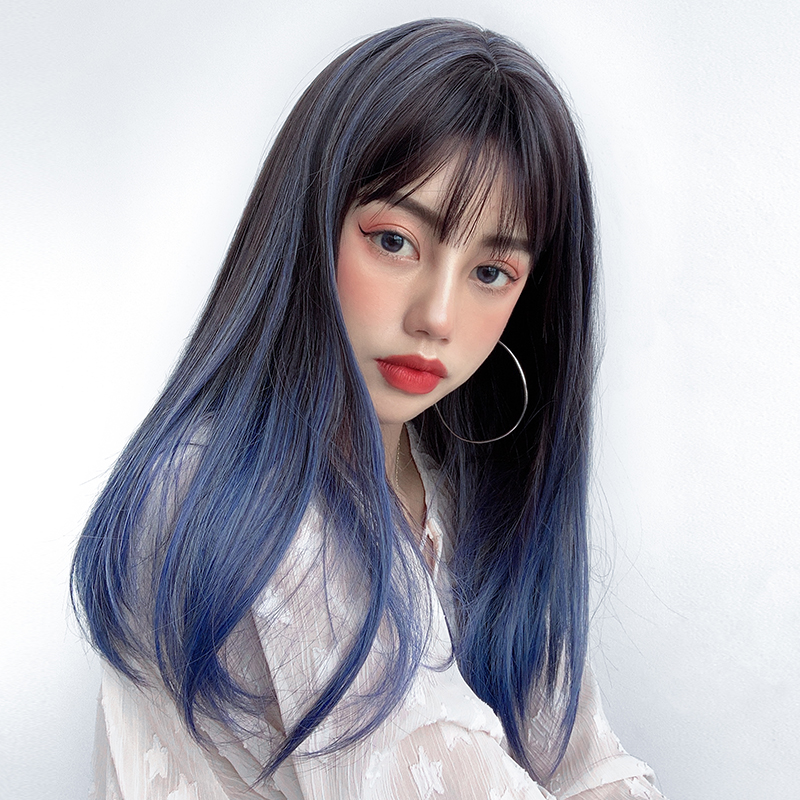 假发女中长发挑染自然网红渐变雾霾蓝全头套日常整顶假发