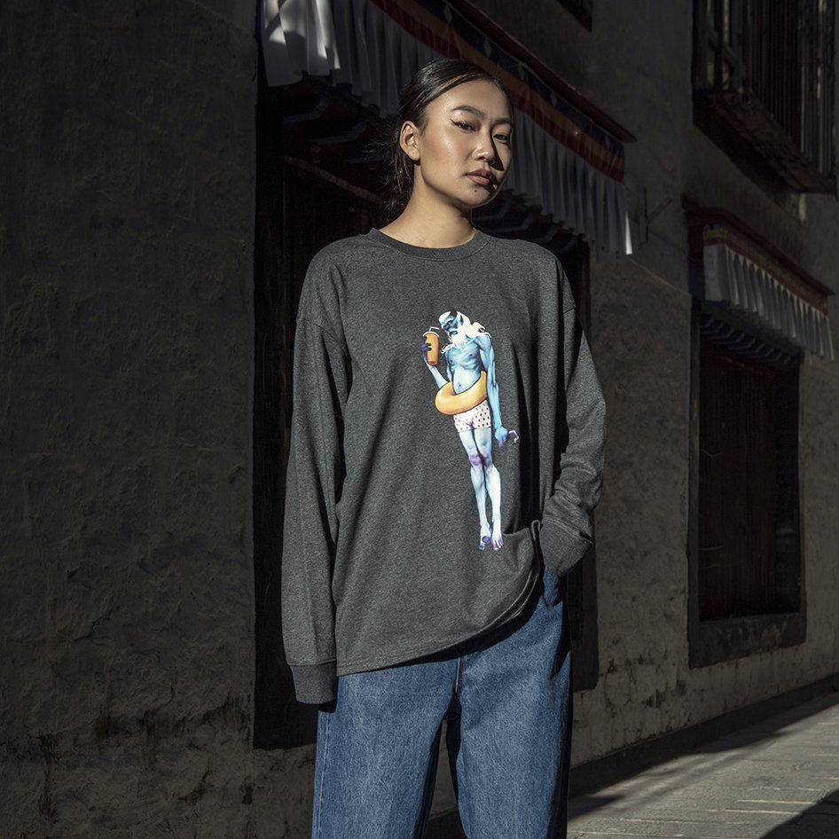 圣山服饰原创设计师合作藏式圆领雪怪印花纯棉t恤