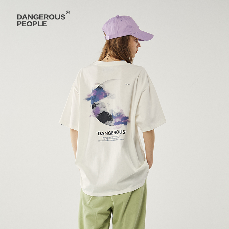 Dangerouspeople 薛之谦dsp水墨画月亮短袖男夏季潮流休闲情侣T恤