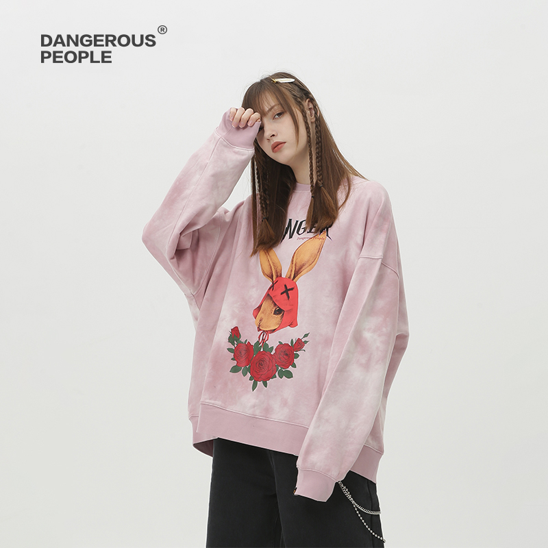 Dangerouspeople薛之谦dsp花卉粉色扎染卫衣个性潮男女圆领套头衫