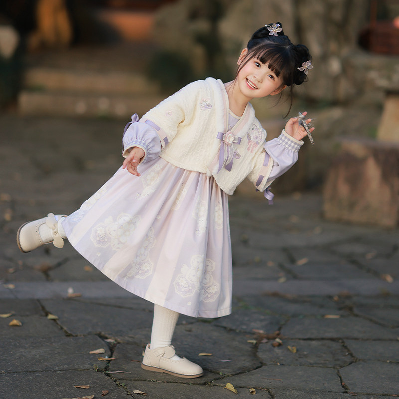 十三余小豆蔻儿灵镜雀刺绣针织外套唐背子连衣裙女童套装童装冬