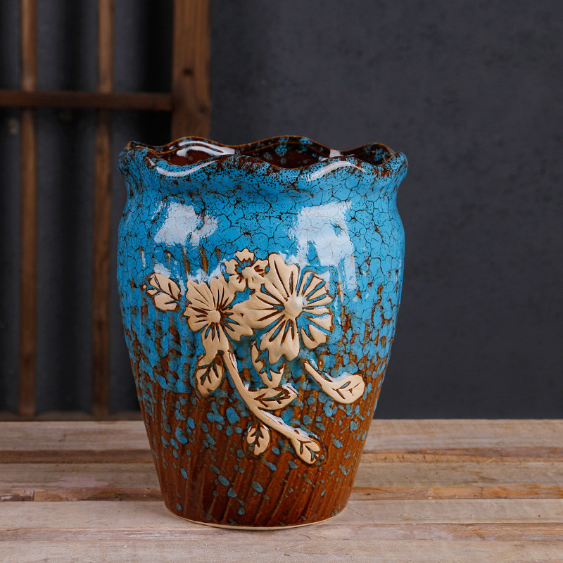 多肉花盆高直筒粗陶植物兰花月季陶瓷陶罐法师花盆