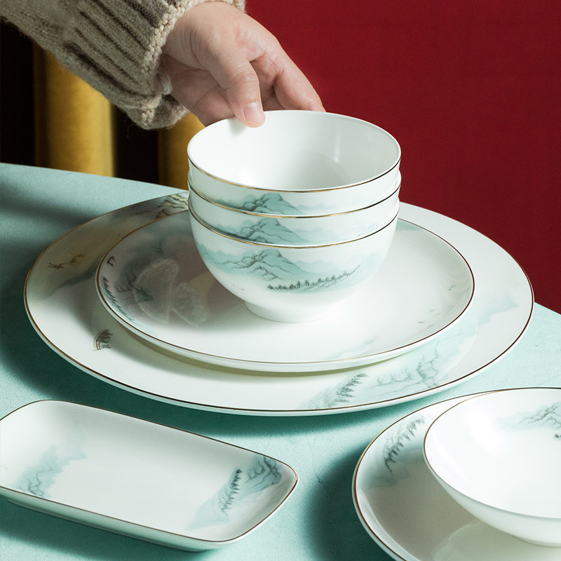 松发陶瓷餐具46头绿水青山碗盘套装高端骨瓷碗碟礼盒餐具套装