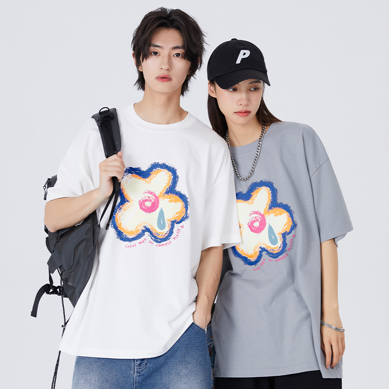 PSO Brand花花发泡印花纯棉短袖T恤男女潮牌情侣装2021新款体恤