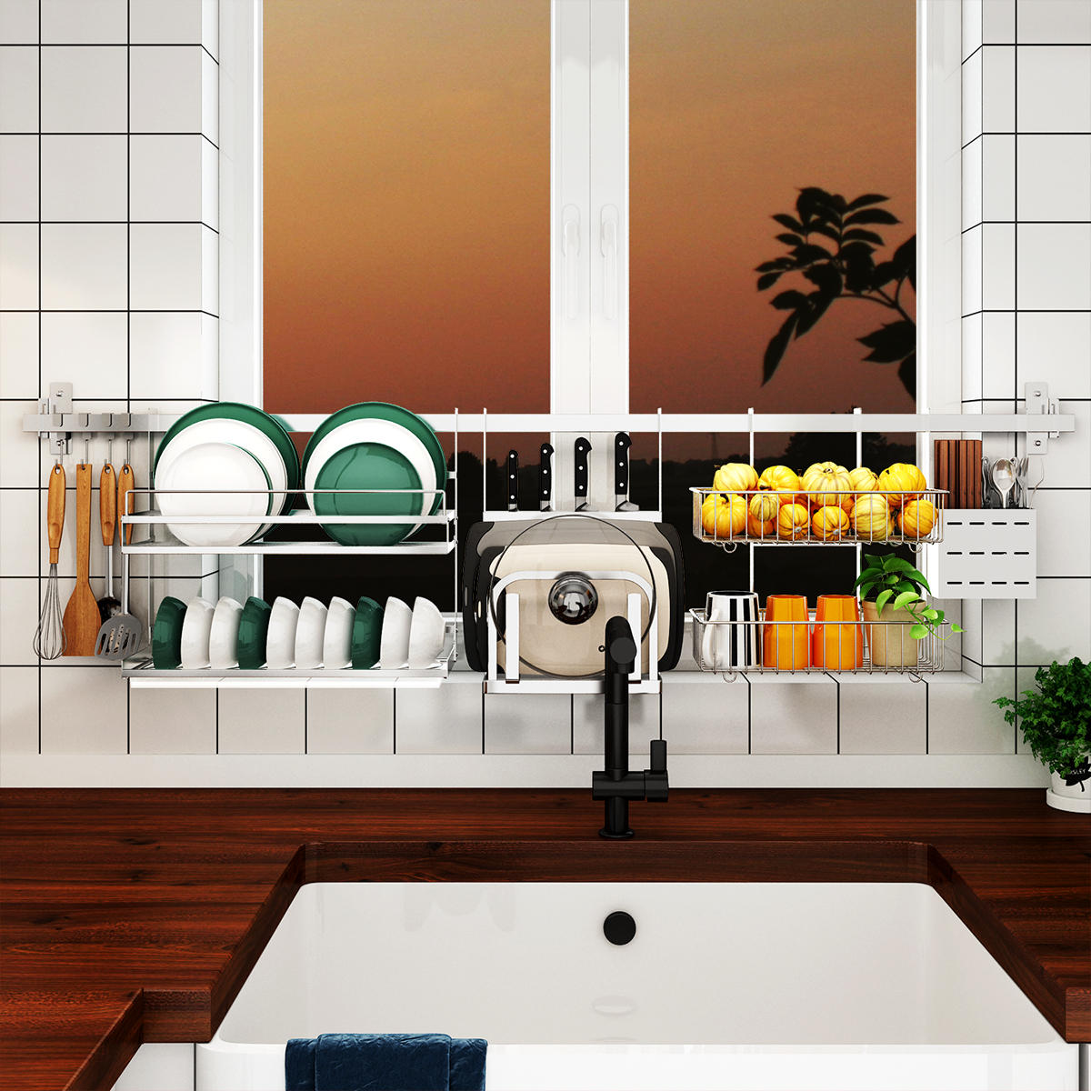 厨房用品置物架打孔不锈钢挂杆窗台收纳窗户挂架碗架厨房置物架