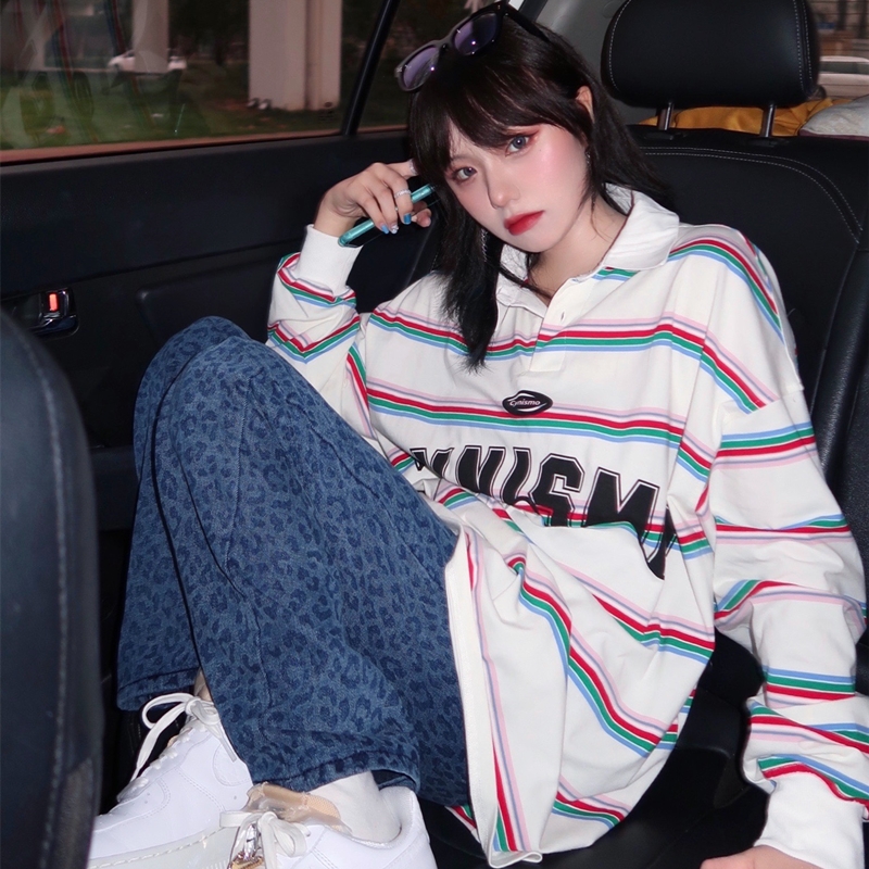 【CYNISMO线上商店】潮牌彩虹条纹POLO长袖T恤男女情侣日系复古os