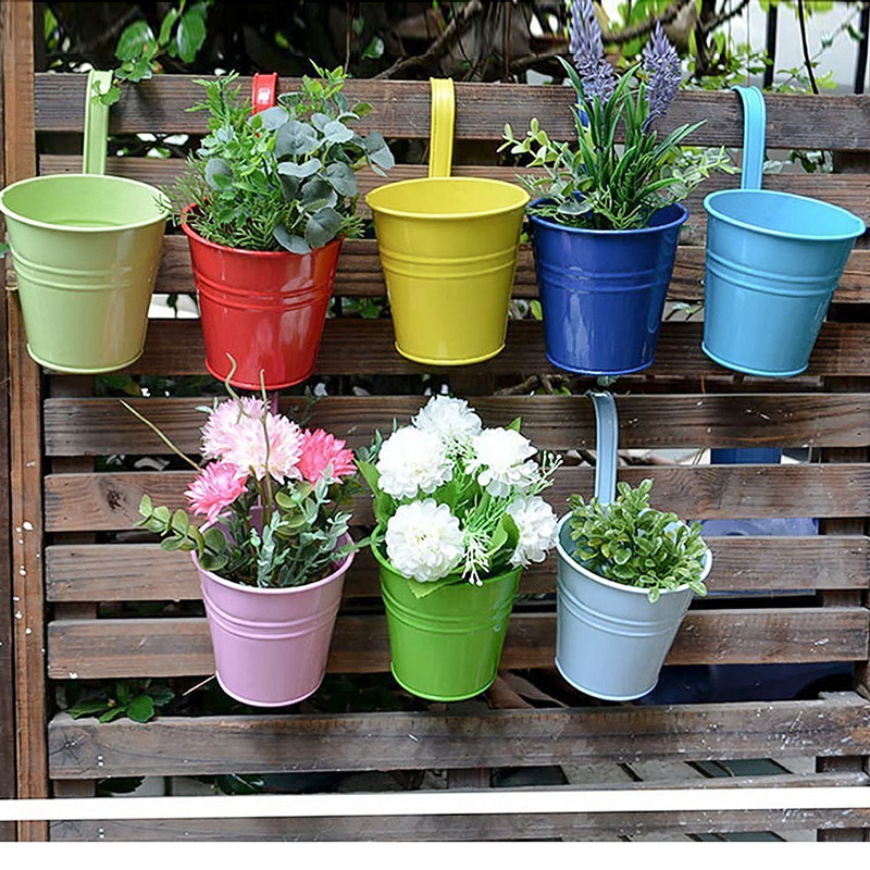 糖果色铁皮挂钩桶铁花盆阳台办公桌小花田园风格花盆