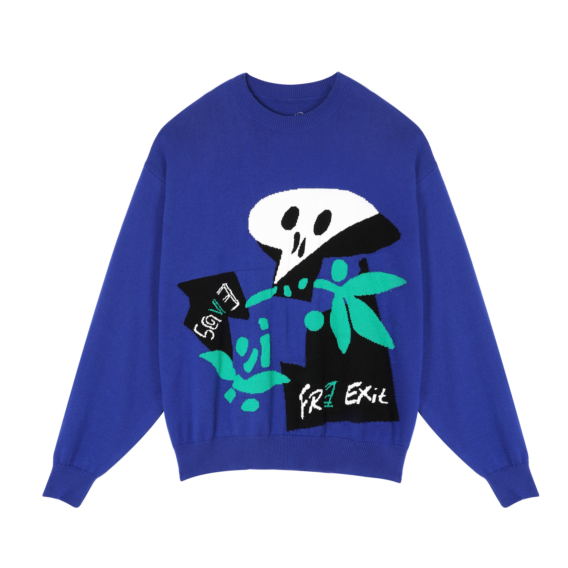 treminal20aw纯棉骷髅蓝色潮牌茧型套头毛衣女男宽松针织衫