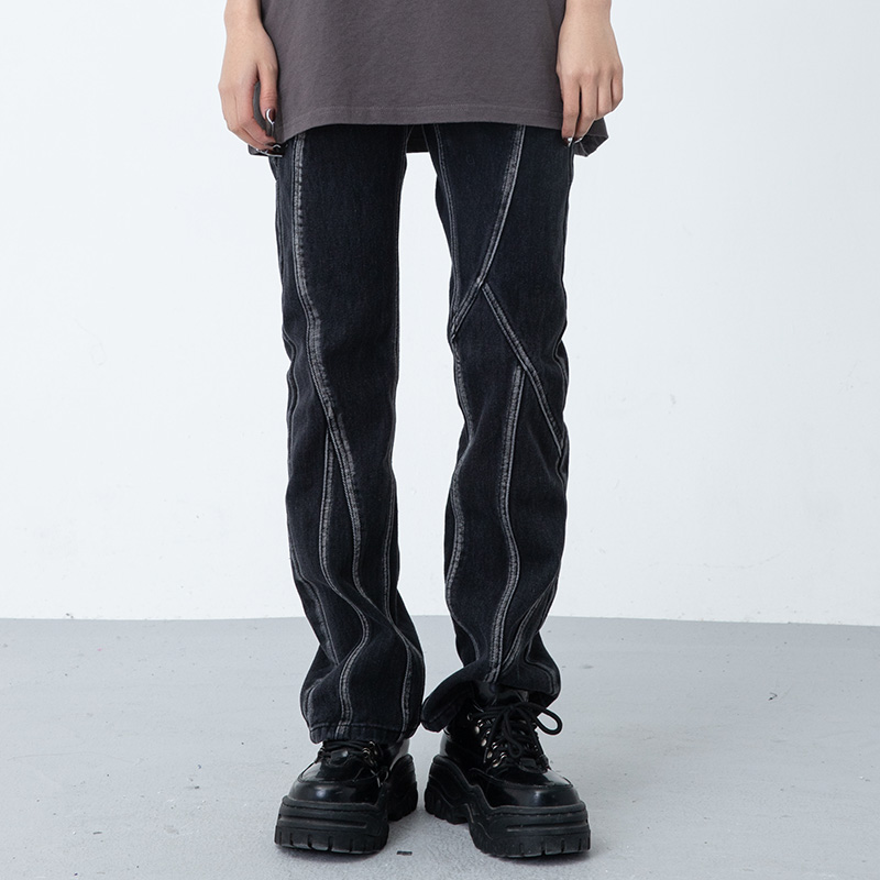 希林娜依高同款新因素潮牌高街直筒裤复古牛仔裤男宽松微喇叭裤子