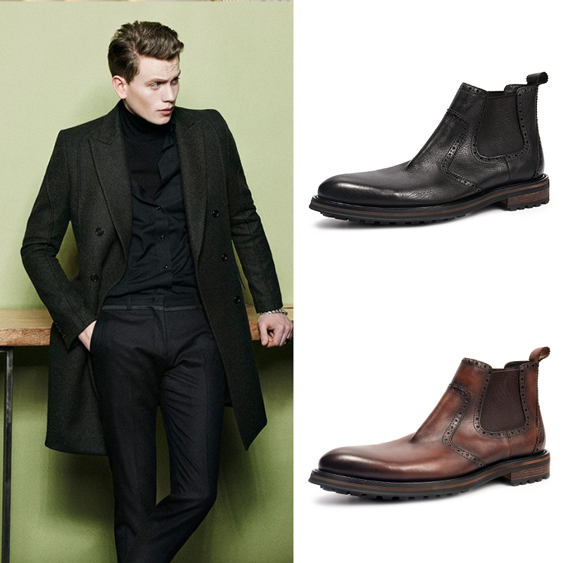 布洛克雕花切尔西靴男真皮ins低帮马丁靴男英伦风复古潮流短靴男